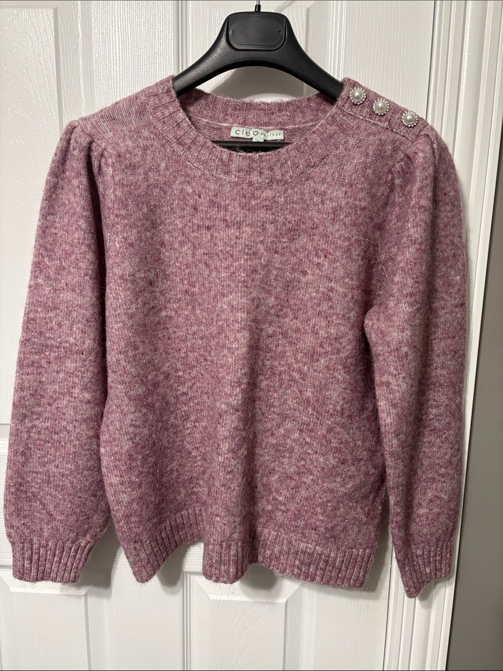 cleo mauve shimmer pearl-shoulder crewneck sweater